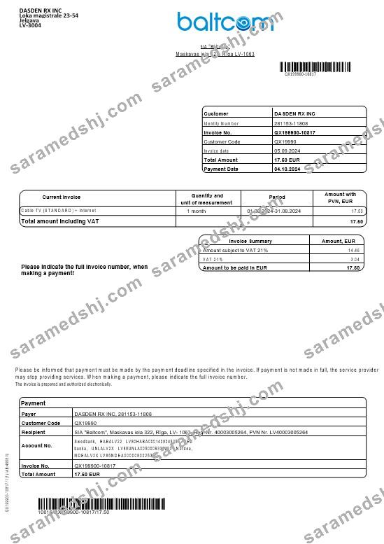 Latvia Baltcom telecommunications business utility bill template in Word and PDF formats (English version)